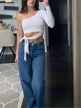 Garage White Ribbed One-Shoulder Crop Top